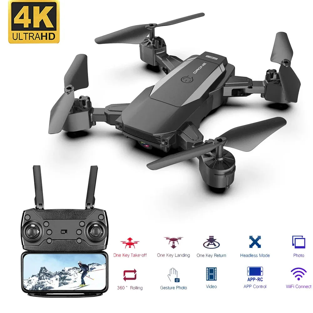 Black drone with remote control and features displayed on a white background