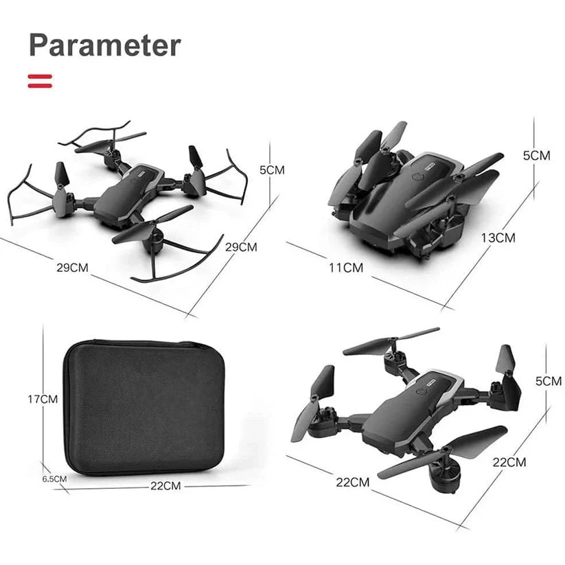 Black drone with dimensions labeled on a white background