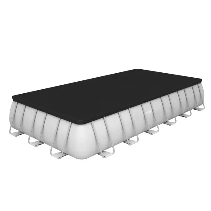Rectangular above-ground pool with a black cover on a white background
