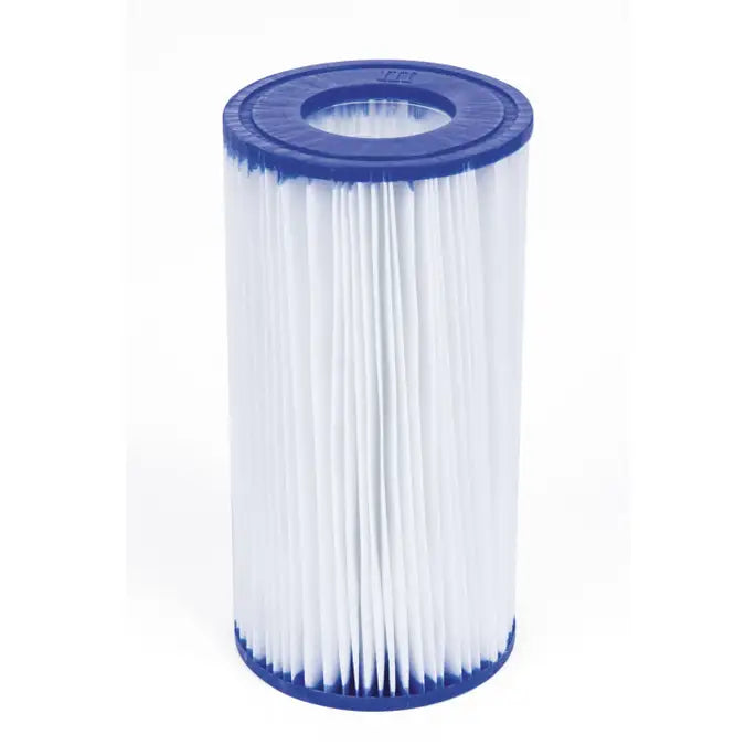 cylindrical filter with blue top and white filter media on a white background