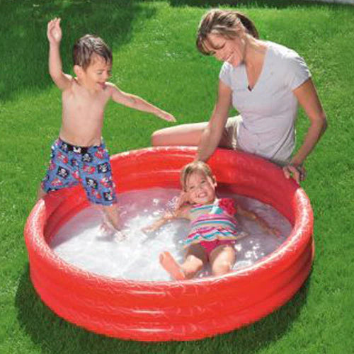 Blue inflatable pool with three rings on a white background