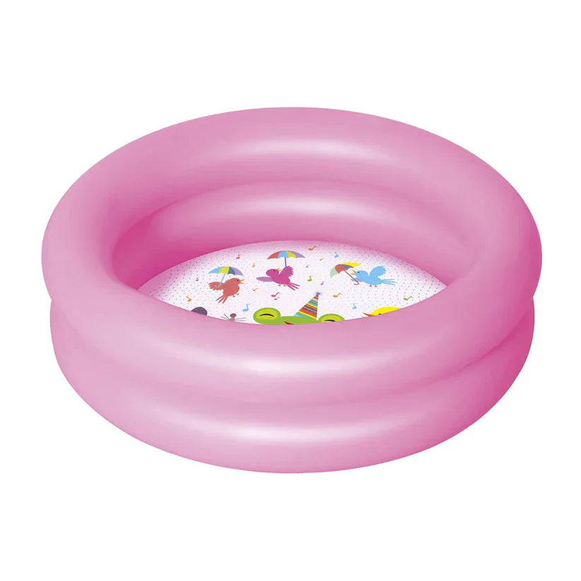Pink toy scooter with colorful buttons and dimensions displayed