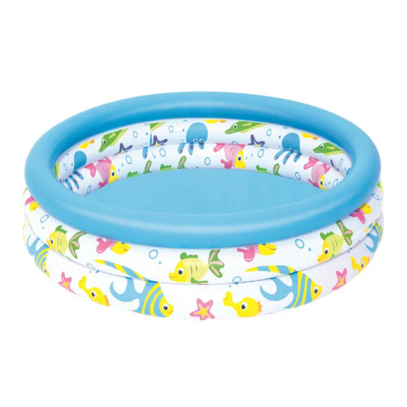 Two inflatable pool rings, one blue and one red, with a Bestway product image in the corner.