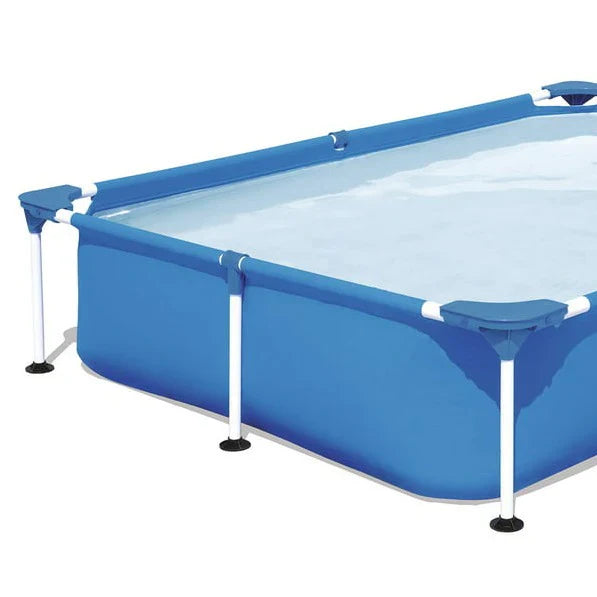 Blue rectangular above-ground pool with white legs on a white background