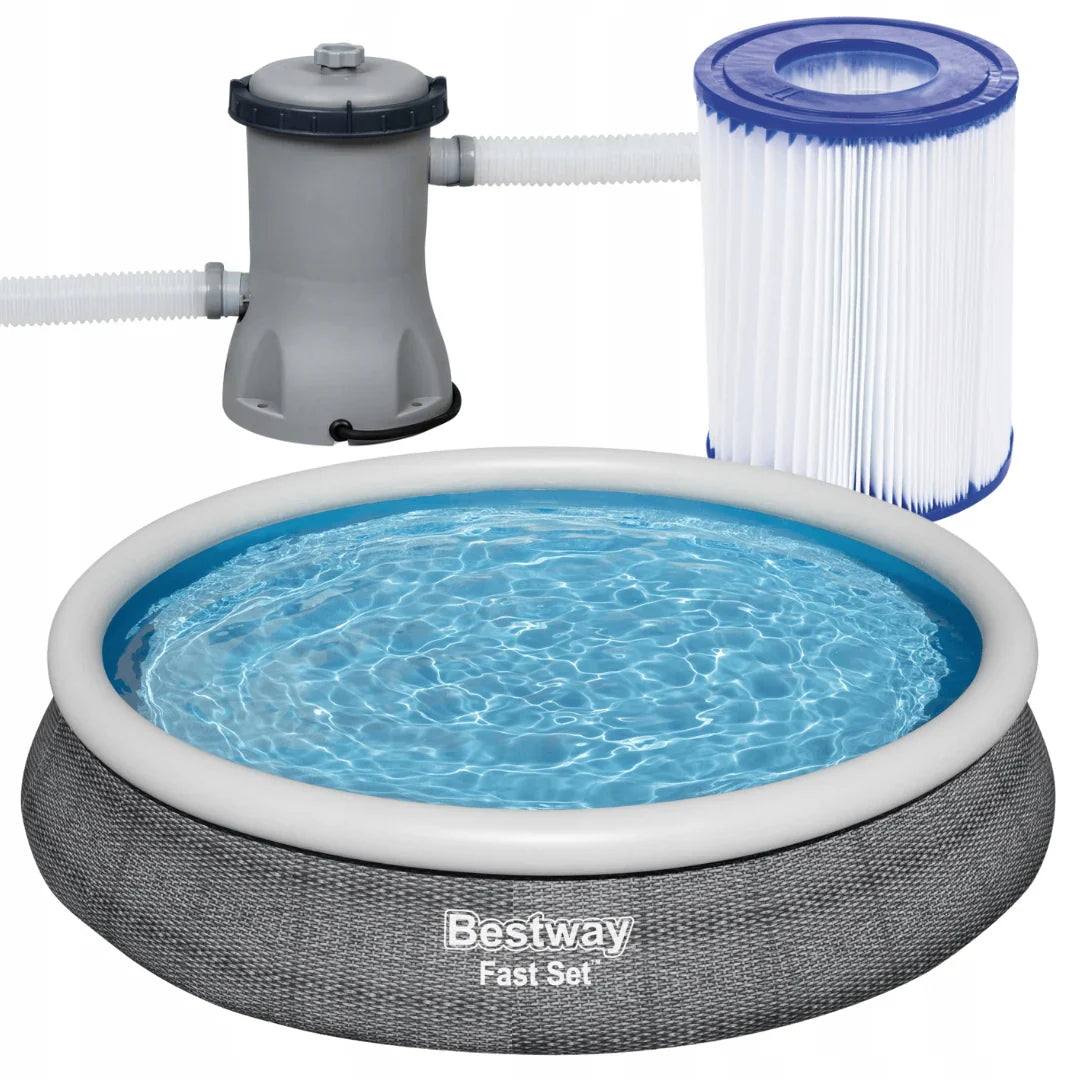Inflatable pool with pump and filter on a white background, featuring the Bestway brand.