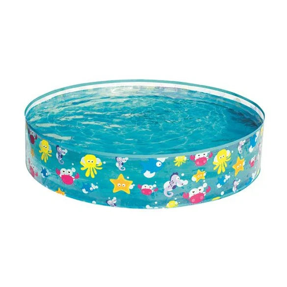 Colorful inflatable pool with pink, yellow, and green rings on a white background