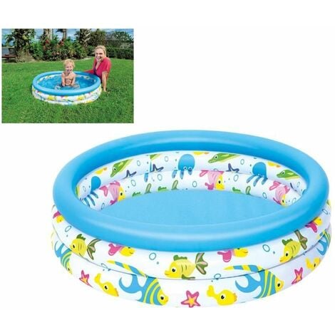 Child with an inflatable pool featuring cartoon fish design, with 'Bestway' branding.