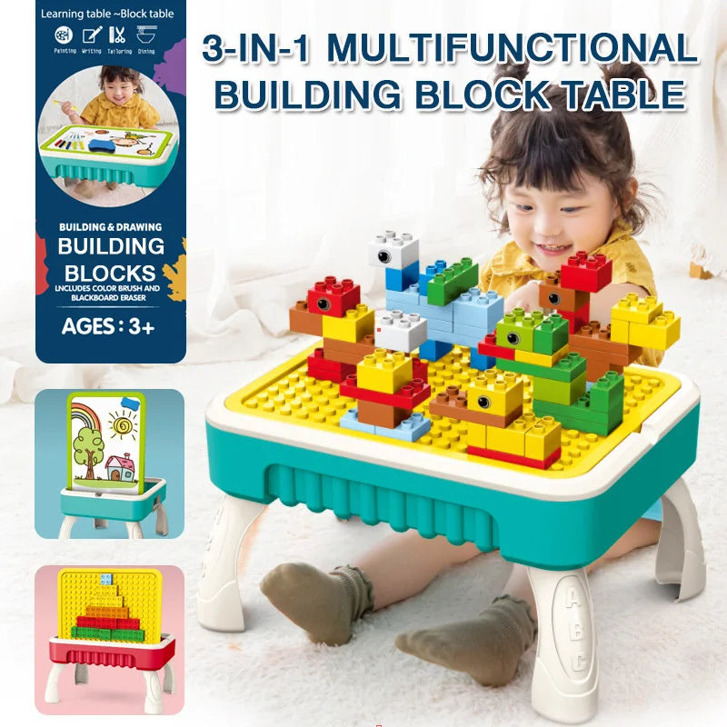 Card with toy building block models of a school bus, bus, and police car on a white background.