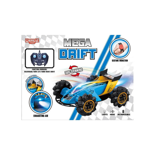 Toy car with remote control packaging featuring 'Mega Drift' text on a white background.