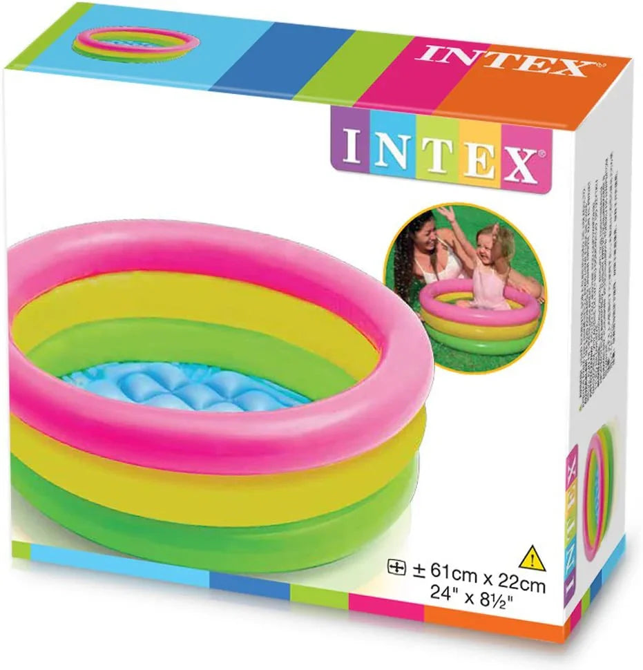 Yellow inflatable pool with cartoon characters on a white background