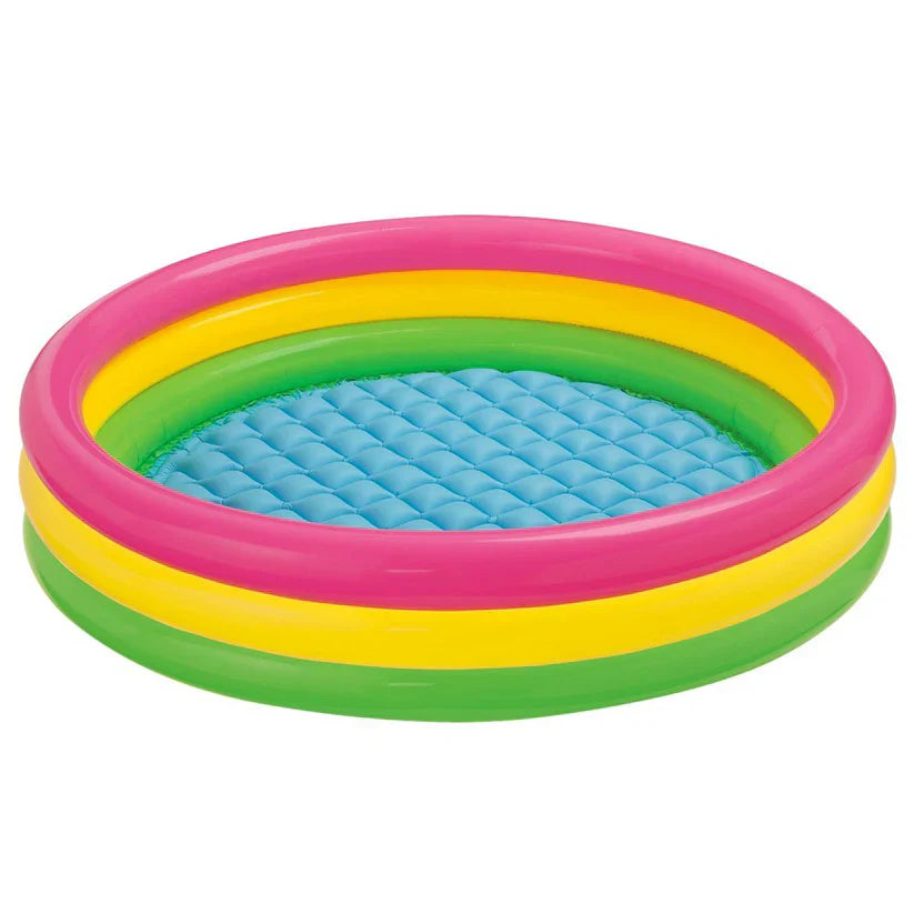 Colorful inflatable pool with starfish design on a white background