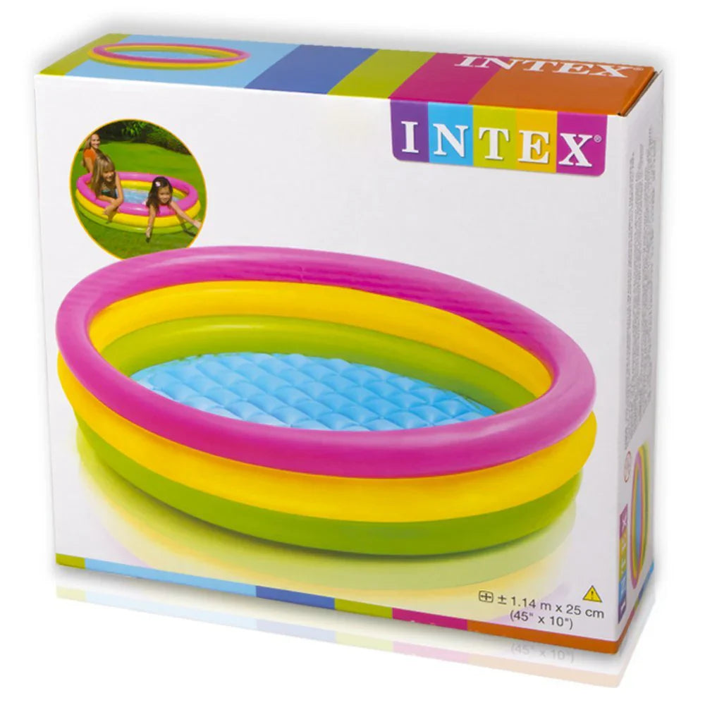 Inflatable pool with colorful starfish design on a white background