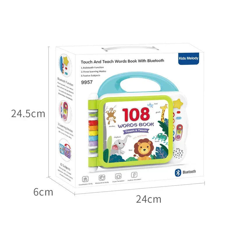 Children's educational book with colorful pages on a wooden surface