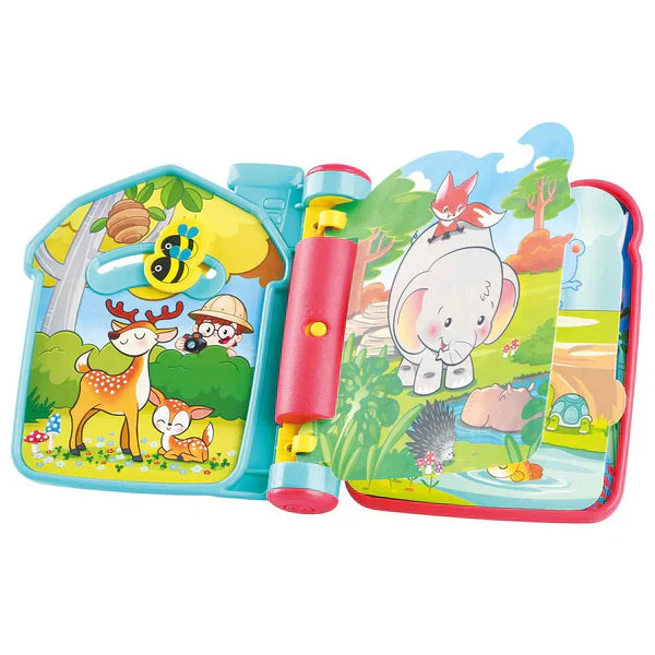 Children's book with animal illustrations and a toy inside on a white background