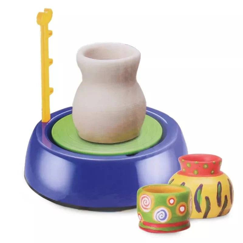 Colorful toy building block set on a table with a white background