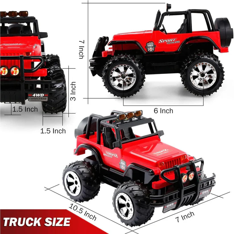 Red toy truck with measurements on a white background