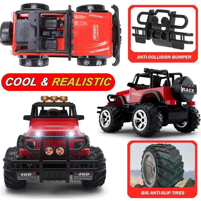 Red toy truck with features highlighted on a white background