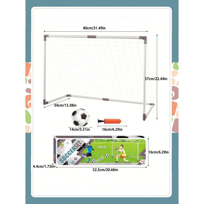 Measurement chart of a soccer goal, ball, and related items with dimensions.