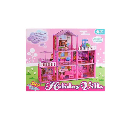 Pink toy dollhouse with multiple levels and furniture, featuring 'Holiday Villa' branding on a white background.