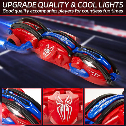 Red and blue toy goggles with light-up features on a dark background