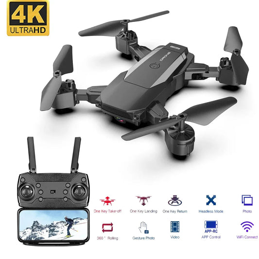 Black drone with remote control and features displayed on a white background