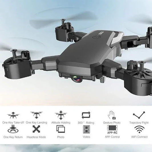 Black drone with features listed on a white background