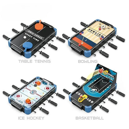 Set of four mini table games including table tennis, bowling, ice hockey, and basketball on a white background.