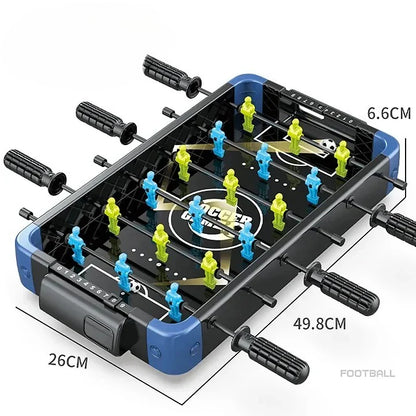 Tabletop foosball table with players and measurement details on a white background