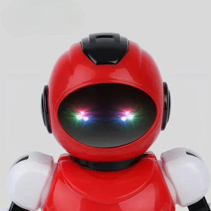 Red robot with glowing eyes on a white background