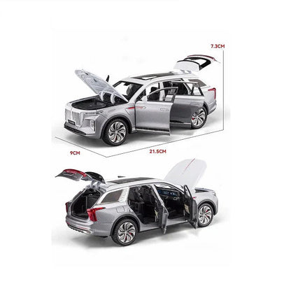 Model car with open doors and trunk, showing dimensions on a white background