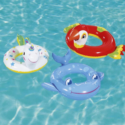 Three colorful inflatable pool toys floating on water: a unicorn, a parrot, and a dolphin.