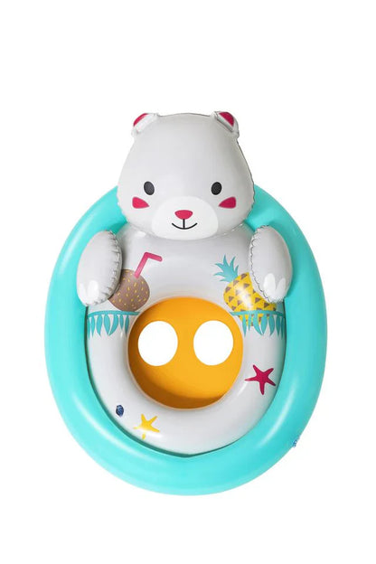 Toy with a bear character holding a drink, on a white background