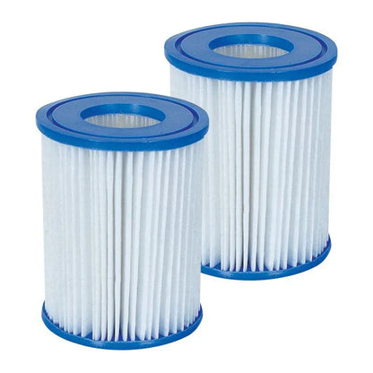 Two cylindrical filter cartridges with blue ends on a white background