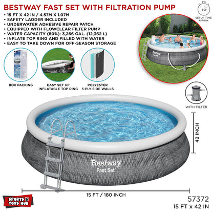 Bestway Fast Set inflatable pool with filtration pump and features listed on a white background