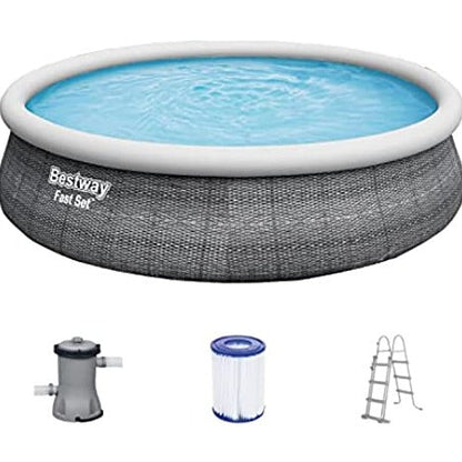 Bestway inflatable pool with filter, ladder, and pump on a white background