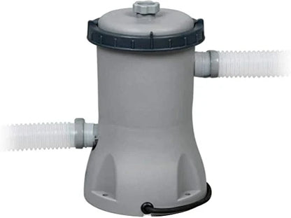Gray pool filter pump with hoses on a white background