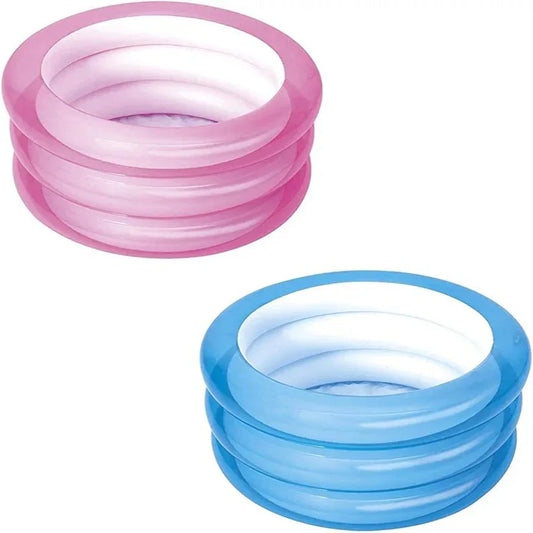 Colorful inflatable pool with pink, yellow, and green rings on a white background