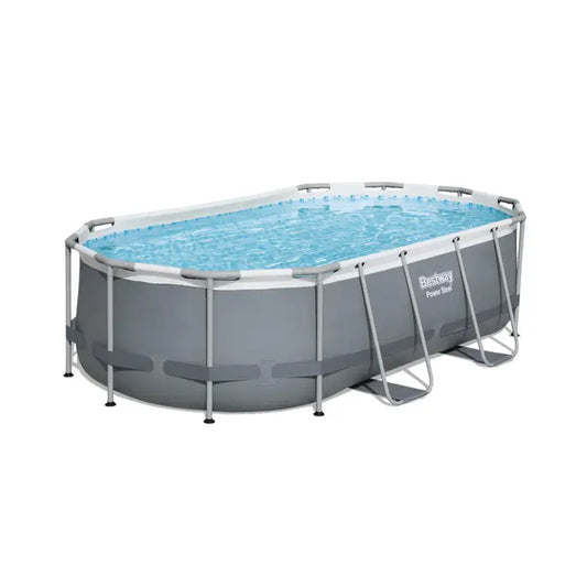 Rectangular above-ground pool with gray frame and blue water on a white background