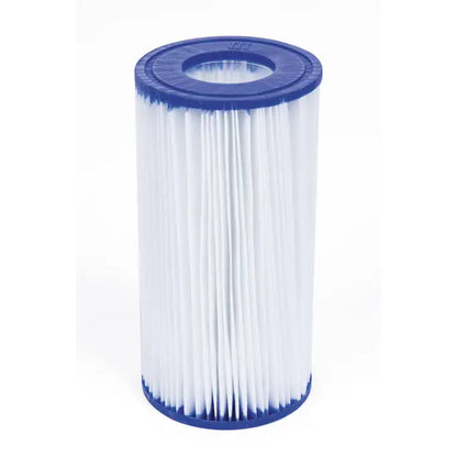  cylindrical filter with blue top and white filter media on a white background