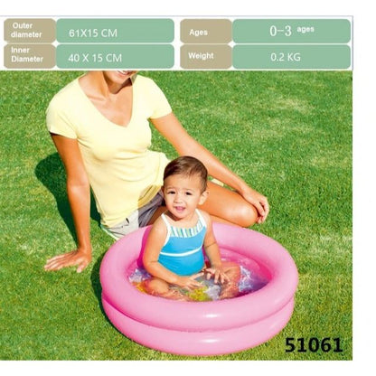 Child in a pink inflatable pool with a woman on grass, product details overlayed