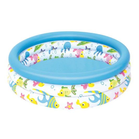 Two inflatable pool rings, one blue and one red, with a Bestway product image in the corner.