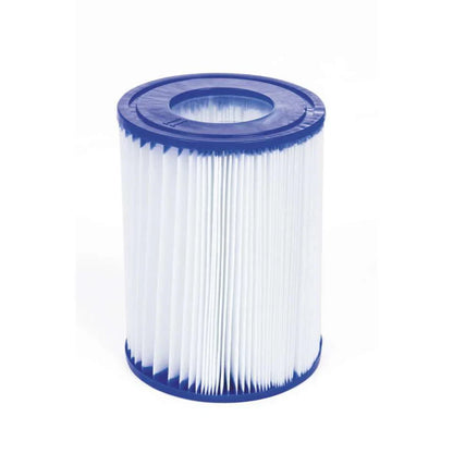 White cylindrical filter with blue top and bottom on a white background