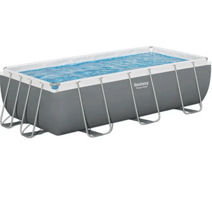 Rectangular above-ground pool with clear water on a white background