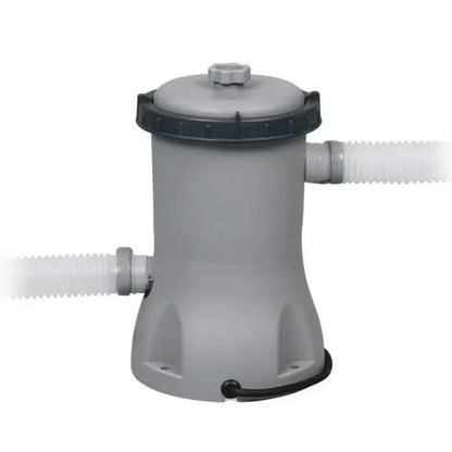 Gray pool pump with two white hoses on a white background