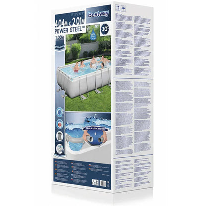 Bestway Power Steel inflatable pool packaging with images of the pool and text on a white background