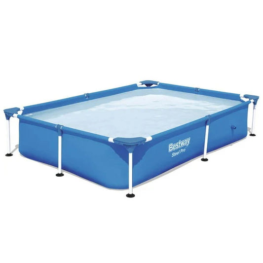 Blue rectangular above-ground pool with 'Bestway' branding on a white background