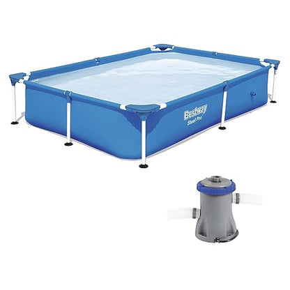 Rectangular above-ground pool with pump on a white background