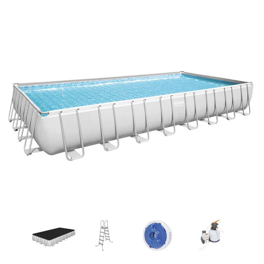 Rectangular above-ground pool with accessories on a white background