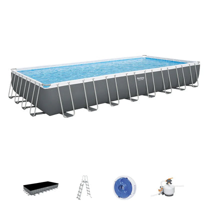 Rectangular above-ground pool with accessories on a white background