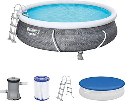 Bestway inflatable pool set with filter pump, ladder, and cover on a white background